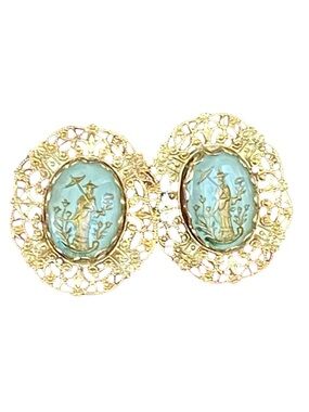 Vintage Gold Tone Filigree Asian Motif Screw Back Earrings
